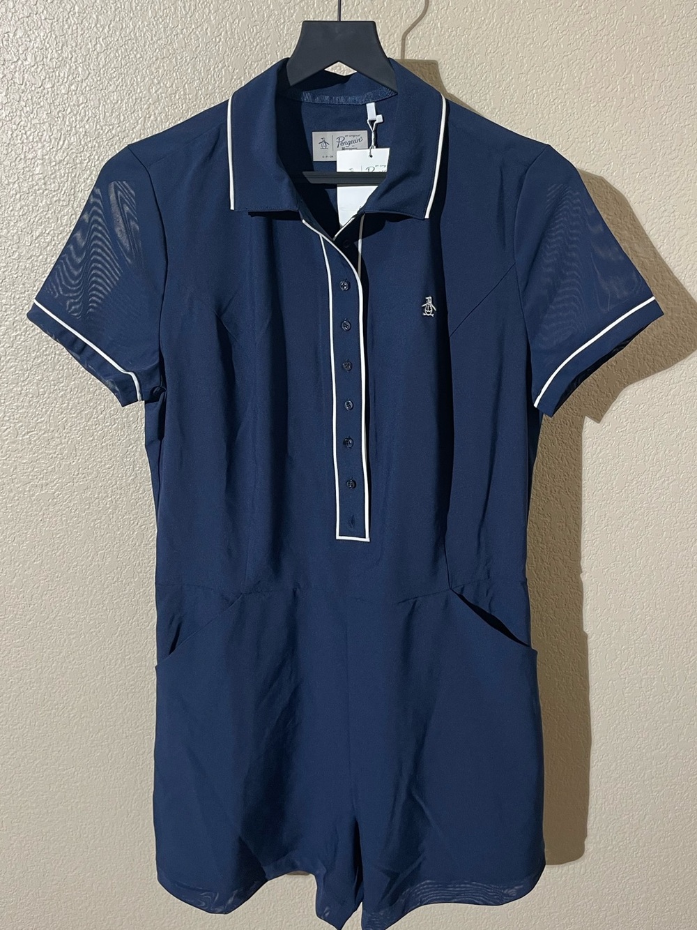 Original Penguin Navy Romper with White Tag and Green Logo